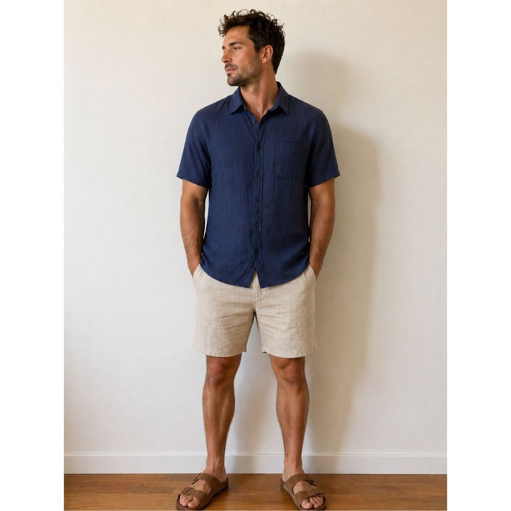 Banana Republic Standard Fit XL TALL 100% Linen Navy Short Sleeve Top #783
